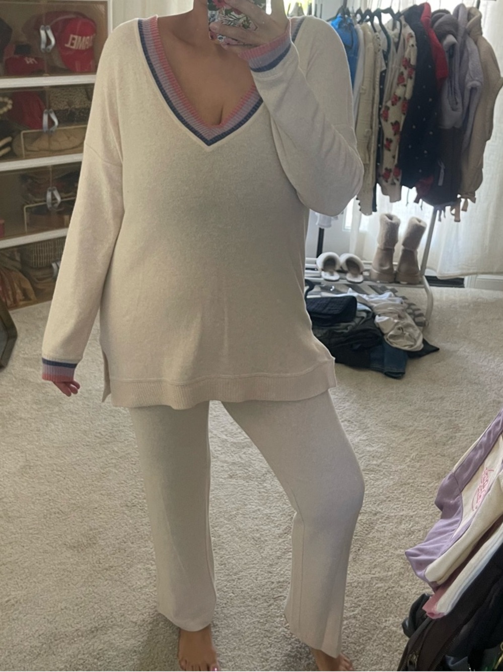 Cozy Ivory Knit V-Neck Sweater and pants matching set with Stripe Trim